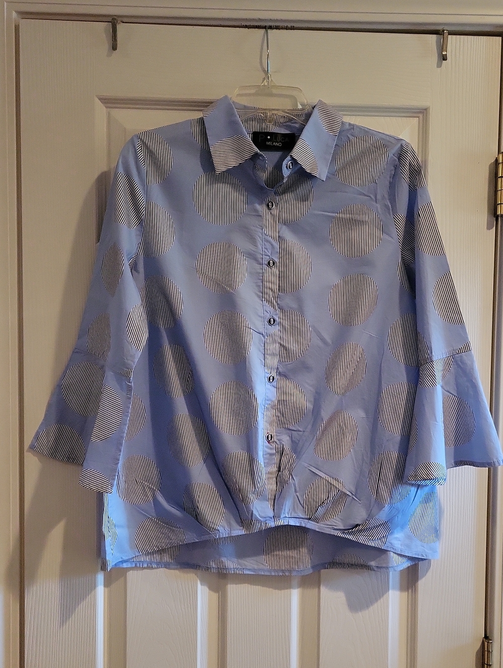 P. Luca Milano Blue Striped Polka Dot Button Front Blouse Size M